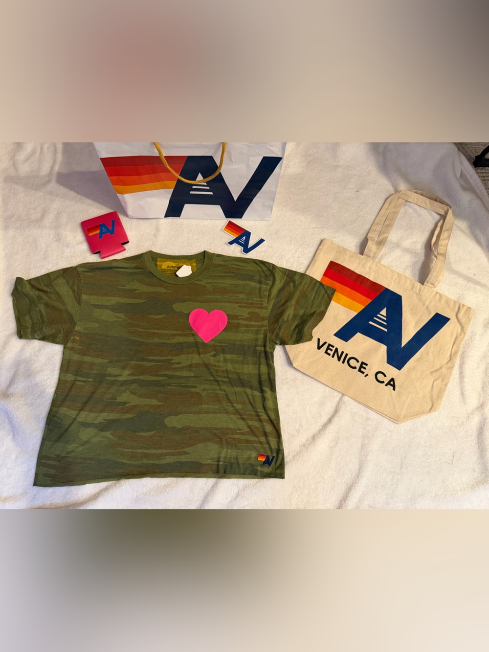 - NWT Aviator Nation  Heart Camo Tee Large + Tote Bag